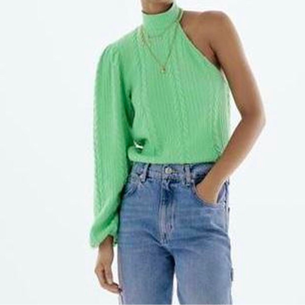 Zara Bright Green Cable Knit One Sleeve Mockneck Sweater Sz L